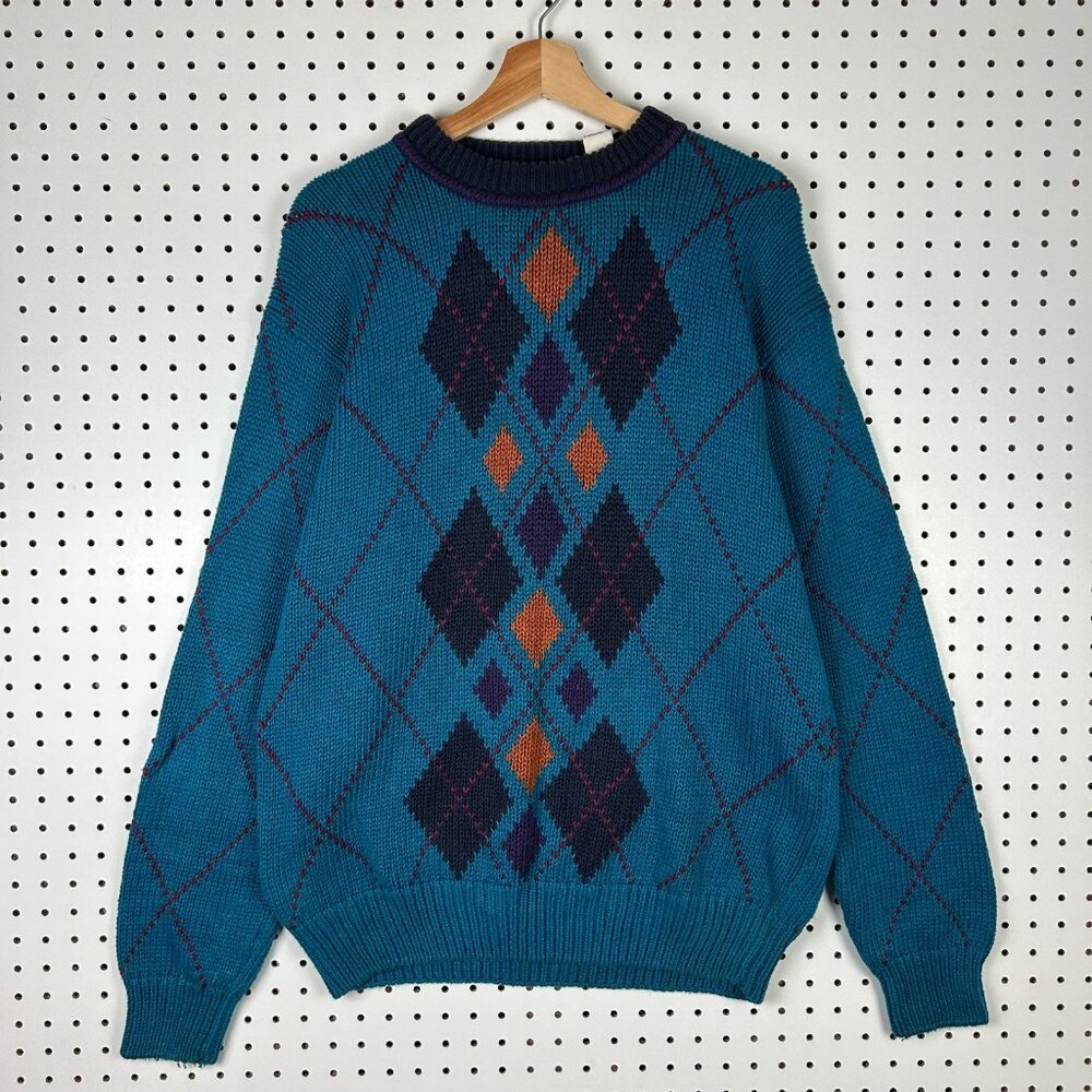 Sears Roebuck Colorful Sweater Women's Large Ramie Cotton Blend Pattern Argyle‎